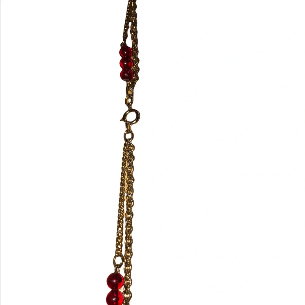 Disco Long Gold‎ Tone Chain Red Glass Bead Necklace